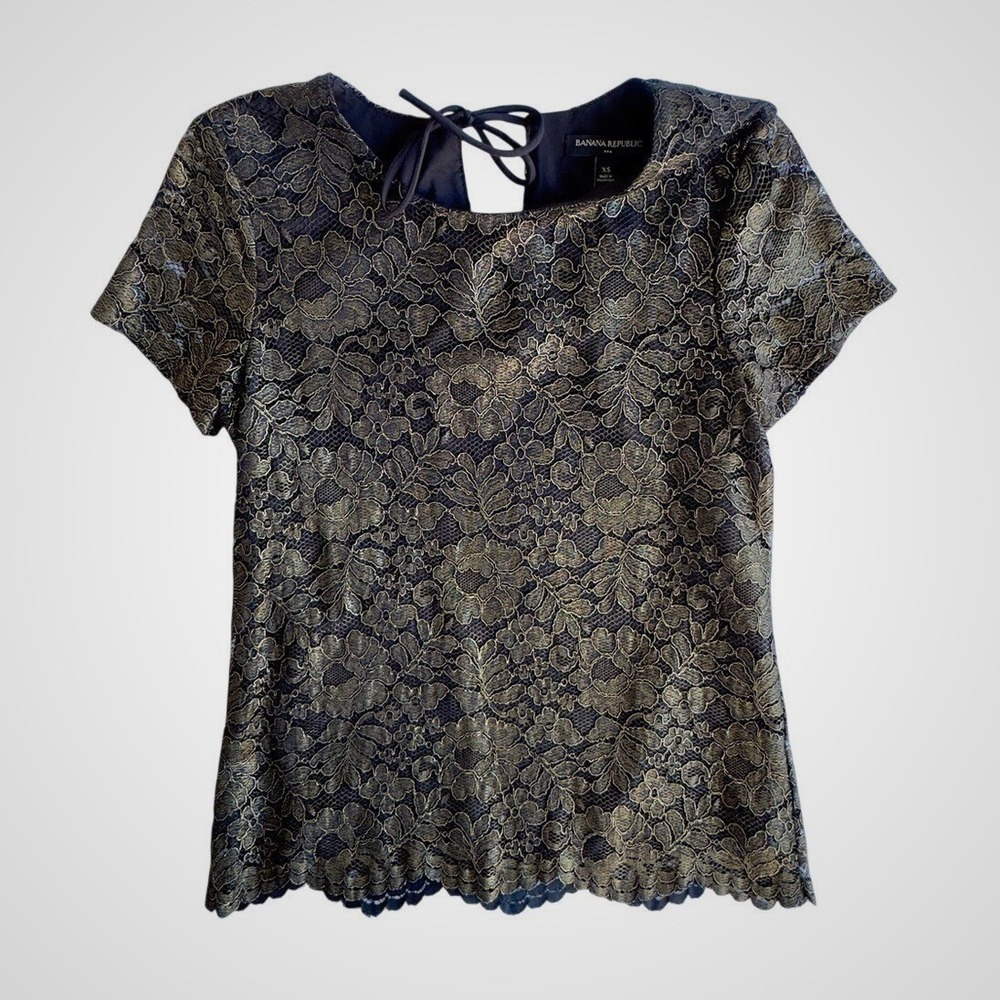 Banana Republic Lace Top Black Gold Metallic Floral Open Back Holiday XS‎